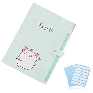 Imagem de 1 Pç Lindo desenho animado plástico A4 expansível Pasta de arquivos Bolsos Accordion Organizador de documentos e 168 peças Etiquetas de pasta de arquivo, Piggy Green