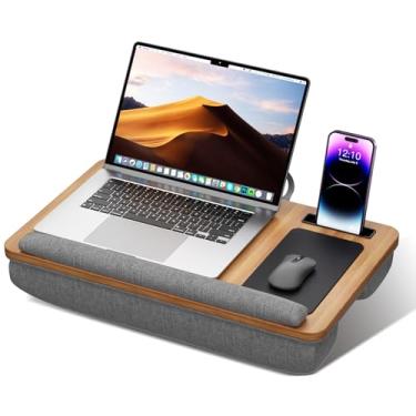 Imagem de Mesa portátil para laptop, serve para laptop de até 43.2 cm, com tira antiderrapante e suporte para telefone, bandeja de colo leve com almofada para sofá e cama (faia)