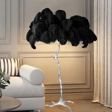 Imagem de Lâmpada de pé de resina com corpo de lâmpada prateada Lâmpada de piso de pena de avestruz natural, lâmpada de pé simples regulável em 3 cores, luminária moderna para quarto, sala de estar