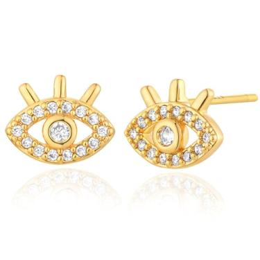 Imagem de BENEIGE Brincos femininos banhados a ouro 14 quilates banhados a ouro 14 quilates hipoalergênicos, joias minimalistas para mulheres, Evil Eye-1, Latão, Zircônia cúbica