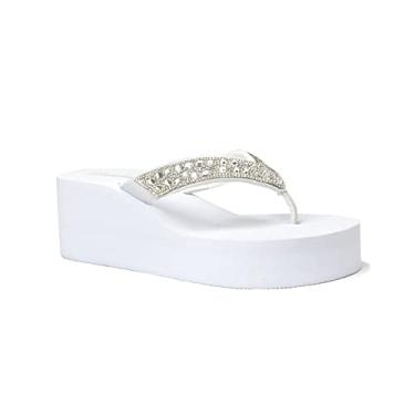 Imagem de REDVOLUTION Novas sandálias femininas de strass de cano alto | Plataforma baixa com tira em T Sandálias de salto alto, Bubbly-h [branco], 37