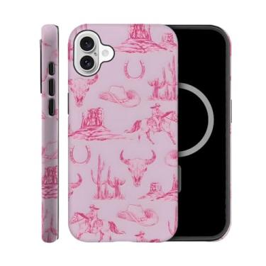 Imagem de TnXee Capa compatível com iPhone 16 Plus, compatível com MagSafe, capas para meninas e meninos, capa de celular híbrida de 2 camadas de proteção contra quedas, chapéu rosa cavalo cowboy ocidental