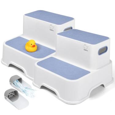 Imagem de Harwaya Banquinho Azul Para Pia De Banheiro, Banquinho De 2 Degraus Para Cozinha Infantil, Banquinho Resistente Para Treinamento De Penico Para Crianças (Pacote Com 2, Branco-Azul)