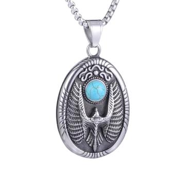 Imagem de Colar masculino gótico punk hip hop rock viking horda oval águia com turquesa, material de aço inoxidável 316L, corrente de pérola quadrada de aço inoxidável prata, joia retrô, Standard, Aço