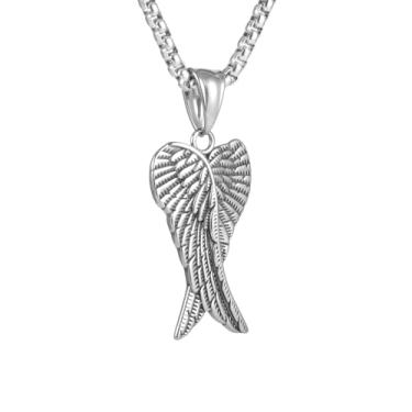 Imagem de Colar masculino e feminino gótico punk hip-hop rock asa de anjo em forma de coração, aço inoxidável 316L, corrente de pérola quadrada de aço inoxidável prata, joia vintage, padrão, aço inoxidável,,