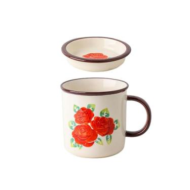 Imagem de Utensílios de mesa de cerâmica rosa vermelha criativos pintados à mão chineses, pratos e tigelas de arroz doméstico - caneca coberta de rosa