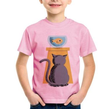 Imagem de Camiseta Infantil Gato e Aquário - Foca na Moda, Rosa bebê, 14