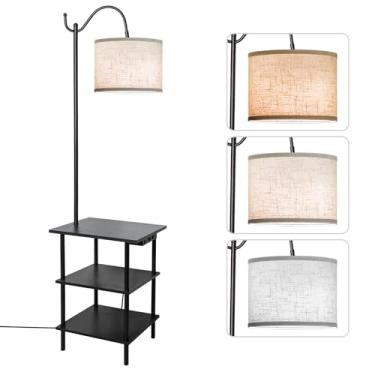 Imagem de EOEYYOYB Luminária de chão com prateleiras de 3 camadas, luminária de mesa com porta de carregamento USB, luz de leitura de mesa lateral com lâmpada LED de 3 temperaturas de cores incluídas, lâmpadas