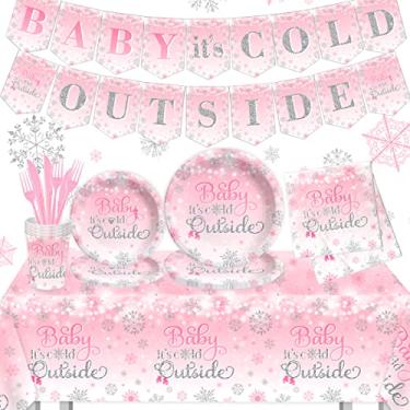 Imagem de CMUSKO Decorações Para Chá De Bebê Baby It'S Cold Outside - 142 Peças Conjunto De Pratos E Guardanapos Winter Wonderland Floco De Neve Frozen Pink Baby Shower Party Supplies Para Meninas (Rosa)