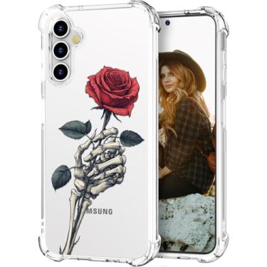 Imagem de Hungo Capa compatível com Samsung Galaxy S24 FE para mulheres meninas design claro fofo, feminino protetor S24FE designer crânio esqueleto ossos rosa flor vermelho amor