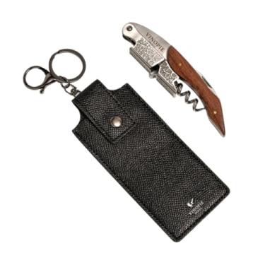 Imagem de Saca-rolhas de aço inoxidável com design de haste de uva com chaveiro de couro preto cortador de folha - Faca sommelier para chave de vinho