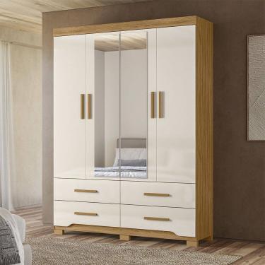 Imagem de Guarda Roupa Roupeiro Miami 4 Portas 4 Gavetas com Espelho Freijó Off White Moval