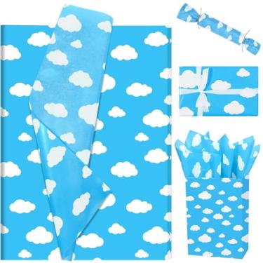 Imagem de 100 peças de papel de seda azul céu branco nuvens para embrulho de presente azul branco papel de seda para sacos de presente para festa de aniversário temática de desenho animado chá de bebê