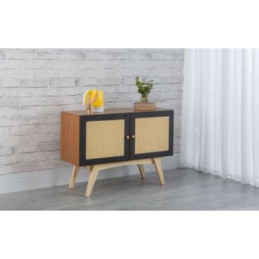 Imagem de Balcão Buffet Mdf Freijó Pés Taeda 2 Portas Pretas Com Palhinha Retrô 