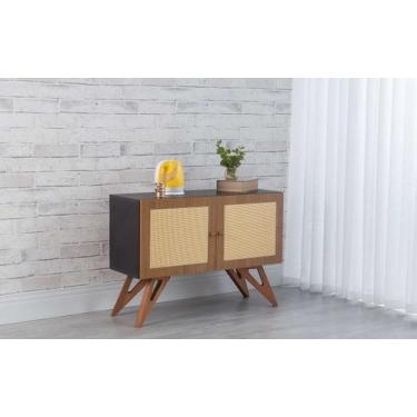 Imagem de Balcão Buffet Mdf Preto Pés Jatobá 2 Portas Freijó E Palhinha Retrô Fr