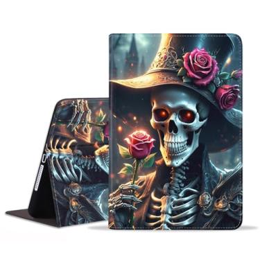 Imagem de POIUYTREW Capa para Samsung Galaxy Tab S10 Plus (2024)/S9 Plus/S9 FE Plus 5G 12,4 polegadas (2023), capa fólio de couro PU com suporte e despertar/hibernar automaticamente - rosas de caveira