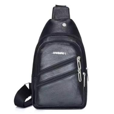 Imagem de Mochila Transversal em Couro Sintético, Marrom, café e preta, com Compartimentos Múltiplos para Fones de Ouvido. Bolsa masculina casual. (Preto, único)