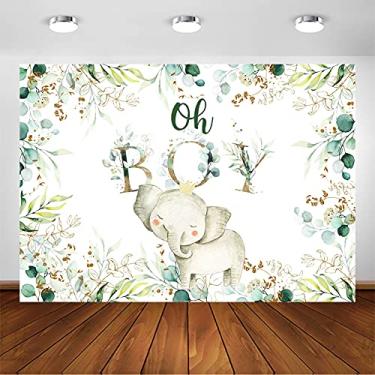 Imagem de Avezano Oh Boy Elefante Pano de Fundo para Decoração de Chá de Bebê Fundo Fotográfico Folhas Verduras Douradas Elefante Chá de Bebê Festa de Aniversário Banner Sessão de Fotos (3 x 2 m)