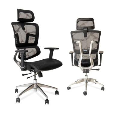 Imagem de ErgoMax Cadeira de escritório ergonômica ajustável preta de 134,6 cm com encosto e base de alumínio, cadeira ergonômica com encosto de cabeça e suporte lombar