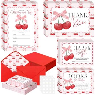 Imagem de Fuutreo 25 Pcs She Is the Cherry on Top Baby Shower Invitation Bundle Thank You Invitation with Envelope Book Request Card Diaper Raffle Ticket Pink Gender Reveal Card for Girl Baby Shower Supply
