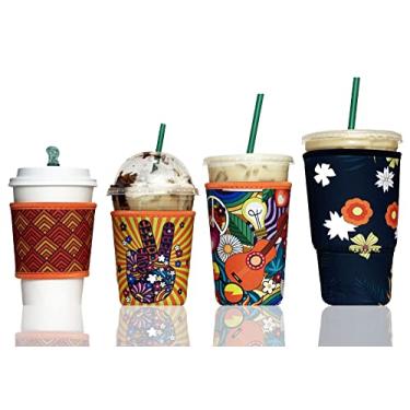 Imagem de Baxendale Manga de café gelado para copos de bebida fria – Pacote com 4 capas de neoprene para bebidas frias, reutilizáveis, compatíveis com Starbucks Dunkin, 4 mm de espessura (4 unidades PP/P/M/G, hippie vintage)
