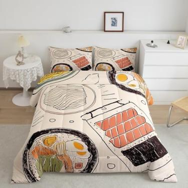Imagem de jejeloiu Conjunto de edredom Queen com desenho animado de sushi japonês, ramen, temática alimentar, respirável, desenhado à mão