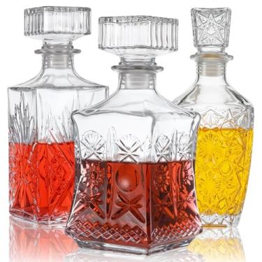 Imagem de mekueeex Conjunto de 3 decantadores de uísque de garrafa de álcool de vidro para tequila, conhaque e vodca exclusivos para bar de bebidas e decorações de festa (793 g x 2, 900 ml x 1)