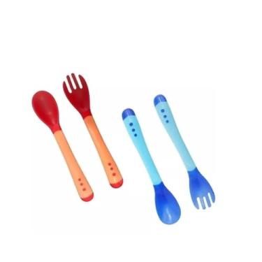 Imagem de Kit Talher Infantil Termossensível – Colher e Garfo para Bebê que Mudam de Cor com Alimento Quente (Azul)