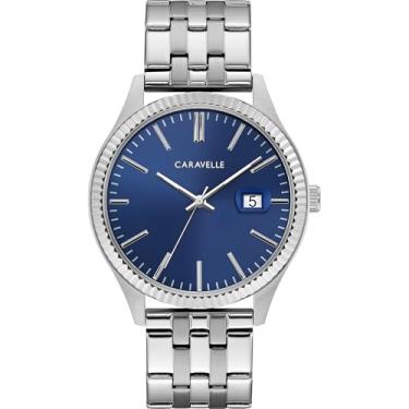 Imagem de Caravelle Relógio masculino de quartzo com 3 ponteiros da Bulova, aço inoxidável, bisel com borda de moeda, 41 mm, Mostrador prata/azul, Vestido