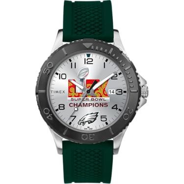 Imagem de Relógio masculino Timex Super Bowl LIX Champions - Philadelphia Eagles - Gamer 42 mm - pulseira verde, mostrador prateado, caixa prateada, Verde