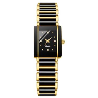 Imagem de BESTKANG Relógio de pulso feminino vintage quadrado de cerâmica com detalhes de diamante, impermeável, elegante relógio de pulso feminino, Preto, dourado, Tendência