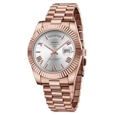 Imagem de NIBOSI Relógio masculino analógico, quartzo, aço inoxidável, ouro rosa, prata, à prova d'água, negócios, design clássico, com data, A12 - branco rosa