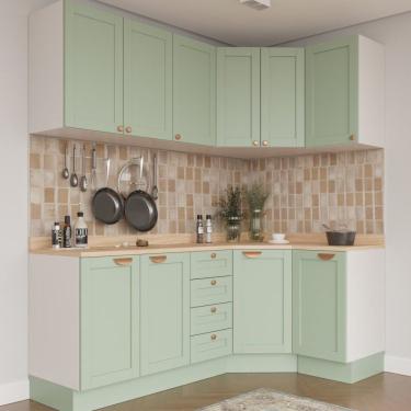 Imagem de Cozinha Modulada 6 Peças Com Tampo 3 Aéreos 6 Portas E 3 Balcões Arizona Branco/menta