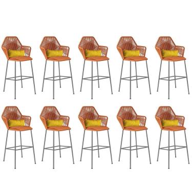 Imagem de Kit 10 Banqueta Alta Com Encosto Balcão Ferro Prata Fibra Terracota Almofada Sintético Amarelo