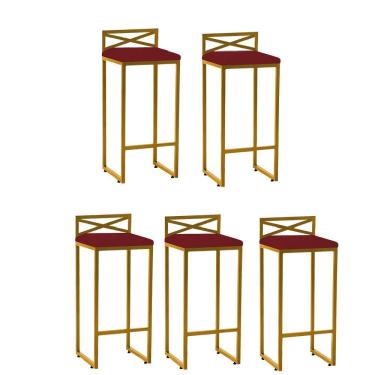 Imagem de Kit 05 Banqueta Alta Com Encosto Ema Balcão Bar Cozinha Bistrô Ferro Dourado Corino Vermelho