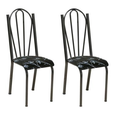Imagem de Kit 2 Cadeiras De Cozinha Alasca Estampado Preto Florido Pés De Ferro Cromo Preto - Pallazio