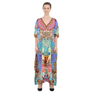 Imagem de Miss Lavish London Vestido maxi quimono túnica túnica feminina verão praia vestidos plus size, 148-multi, Tamanho Único