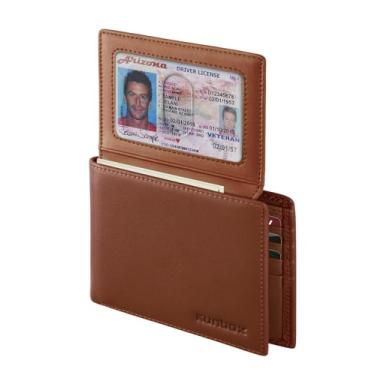 Imagem de Carteira masculina de couro genuíno, fina, com bloqueio de RFID, dobrável, 12 compartimentos para cartões (2 janelas para identidade), porta-cartões com caixa de presente, C - Marrom