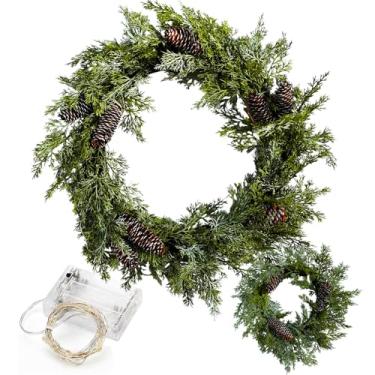 Imagem de Nature’s Mimic Pacote Com 2 Guirlandas Artificiais De Natal Nature'S 24 Pol. Para Porta Da Frente, Guirlanda Pinhas Brancas Luzes, Decoração Janela Feriado, Casamento