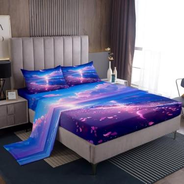 Imagem de Erosebridal Jogo de lençol casal com flores de cerejeira sonho e oceano, praia, litoral, para crianças, adolescentes, adultos, verão, mar, céu estrelado, nuvem, lua, 4 peças