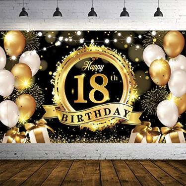 Imagem de Happy 18th Birthday Decoração Pano de Fundo Banner Preto Dourado Tecido Extra Grande Sinal de Aniversário Cartaz Fundo Fotográfico 18 Anos Decorações de Festa de Aniversário Suprimentos Interior Externo, 73 x 43,3 Polegadas
