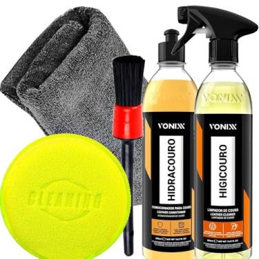 Imagem de Kit Automotivo Limpa Couro Higicouro Hidracouro Vonixx Toalha Microfibra Aplicador e Pincel Karbox