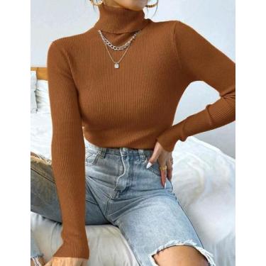 Imagem de Blusa Feminina Gola Alta Canelada Cacharrel - mkshop, Marrom, M