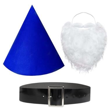 Imagem de amivoo Conjunto de fantasia de gnomo – chapéu de gnomo, barba e cinto, chapéu de anão, cinto de barba anã para Halloween, chapéus pontiagudos de duende de bruxa de giz de cera, Azul escuro, tamanho �