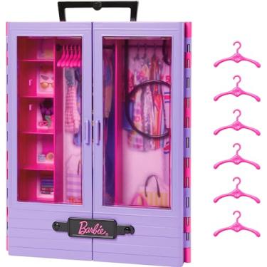 Imagem de Barbie Armário moderno Fashionistas e 6 hangares, roxo com rack dobrável e alça de transporte, armazenamento portátil para roupas e acessórios de boneca Barbie