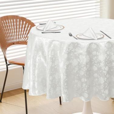 Imagem de Cobedzy Toalha de mesa branca de cetim redonda de 178 cm, toalha de mesa jacquard resistente a manchas, sem rugas, capa de mesa macia e sedosa para sala de jantar/festa/casamento/banquete/eventos