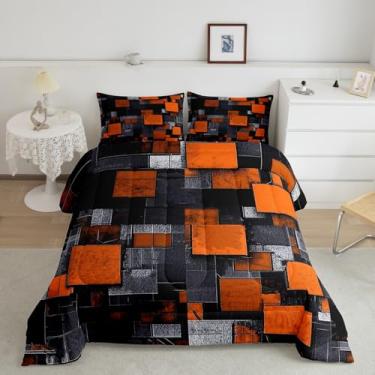 Imagem de Feelyou Conjunto de cama Queen, laranja, preto, quadriculado, geométrico, geométrico, arte abstrata, 3 peças