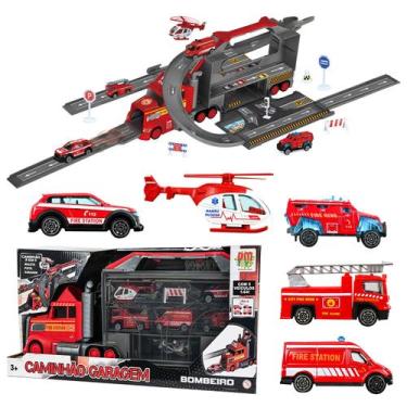 Imagem de Caminhão Carreta Garagem Bombeiro 3 em 1 Maleta Pista Infantil Com Ace