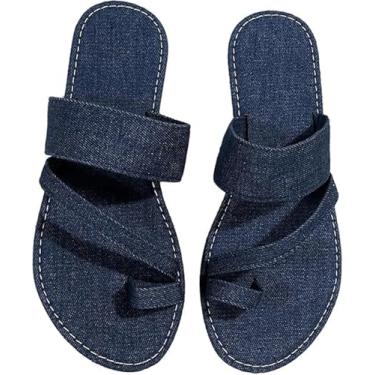 Imagem de Sandálias femininas jeans sólidas, sandálias femininas sem cadarço, chinelos corretores de valgo com suporte para arco, para namoradas e mães(Dark blue,39 EU)