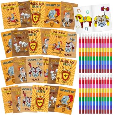 Imagem de 24 livros de colorir Armadura de Deus com 24 giz de cera empilháveis, conjunto de lembrancinhas de festa cristãs para casa, escola, atividades escolares dominicais, sala de aula, sacos educativos